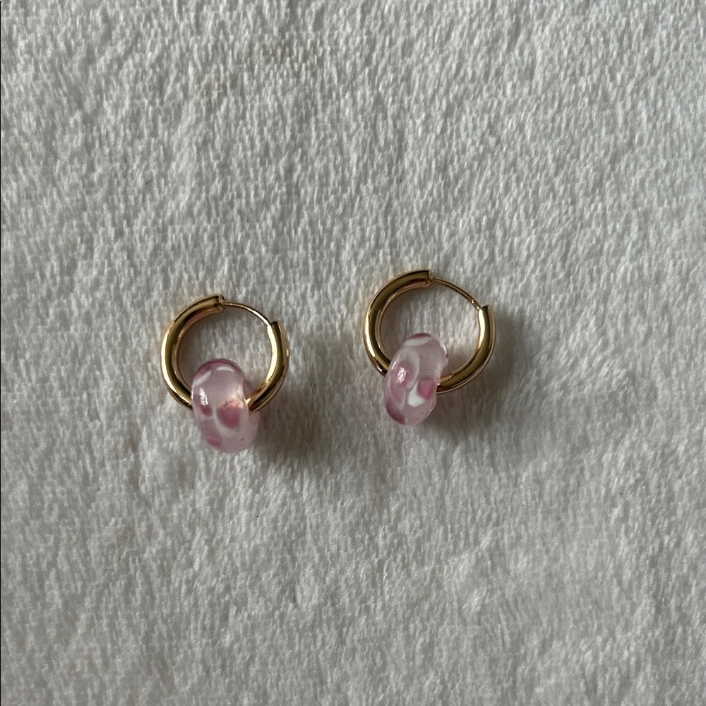 Gold Hoop Earrings with Pink Beads